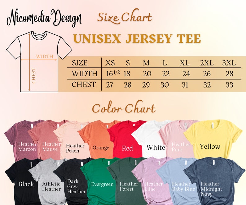 Puede incluir: Tabla de tallas para camiseta de jersey unisex con medidas en pulgadas para el pecho y el ancho. Carta de colores con 16 colores diferentes de camisetas, incluyendo granate jaspeado, malva jaspeado, melocot&oacute;n jaspeado, naranja, rojo, blanco, rosa jaspeado, amarillo, negro, gris jaspeado atl&eacute;tico, gris oscuro jaspeado, verde, bosque jaspeado, lila jaspeado, azul beb&eacute; jaspeado y azul marino jaspeado.