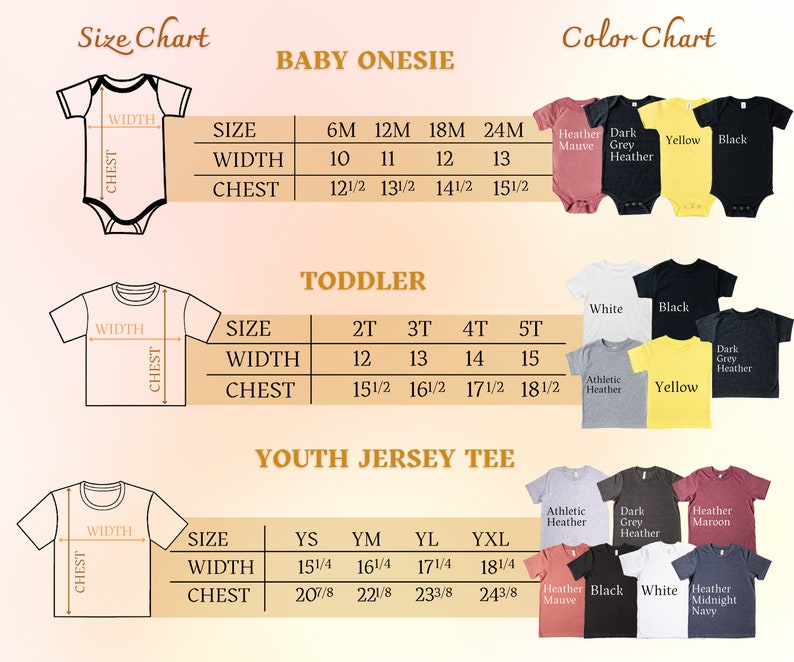 K&ouml;nnte beinhalten: Gr&ouml;&szlig;entabelle f&uuml;r Baby-Bodys, Kleinkind-Shirts und Jugend-Trikots. Die Tabelle zeigt die Breite und Brustweite f&uuml;r verschiedene Gr&ouml;&szlig;en. Die Farbtabelle zeigt die verf&uuml;gbaren Farben f&uuml;r jede Art von Shirt.