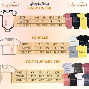 Puede incluir: Tabla de tallas para bodys de beb&eacute;, camisetas para ni&ntilde;os peque&ntilde;os y camisetas de jersey para j&oacute;venes. La tabla muestra las tallas, el ancho y las medidas del pecho en pulgadas. La tabla de colores muestra los colores disponibles para cada tipo de camiseta.