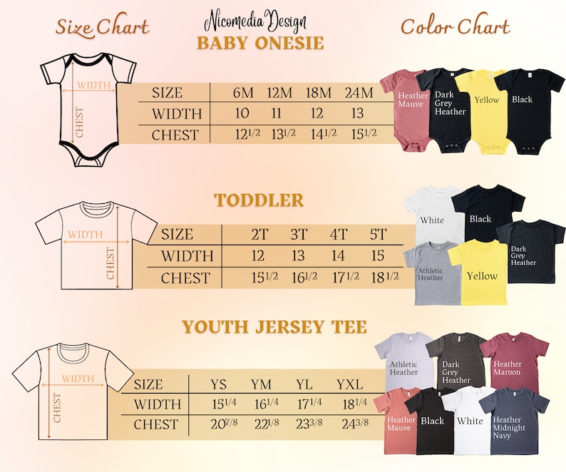 Puede incluir: Tabla de tallas para bodys de beb&eacute;, camisetas para ni&ntilde;os peque&ntilde;os y camisetas de jersey para j&oacute;venes. La tabla muestra las tallas, el ancho y las medidas del pecho en pulgadas. La tabla de colores muestra los colores disponibles para cada tipo de camiseta.