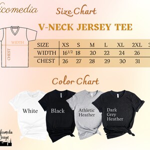 K&ouml;nnte beinhalten: Gr&ouml;&szlig;entabelle f&uuml;r ein V-Ausschnitt-Jersey-T-Shirt, mit Ma&szlig;en f&uuml;r Brust und Breite in Zoll f&uuml;r die Gr&ouml;&szlig;en XS bis 3XL. Die Farbtabelle zeigt f&uuml;nf Farben: Wei&szlig;, Schwarz, Athletik-Heather, Dunkelgrau-Heather.