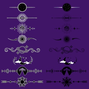 Könnte beinhalten: Eine Sammlung von grafischen Elementen zum Thema Himmel in Schwarz und Weiß, darunter Monde, Sonnen, Planeten und wirbelnde Galaxien. Diese Designs sind in horizontalen Linien angeordnet, ideal für kreative Projekte.