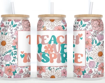 Teach Love Inspire, Teacher Iced Coffee Cup, Teacher Glass Cup, Teacher Appreciation Cup with Bamboo Lid Straw, Cute Teacher Coffee Cup