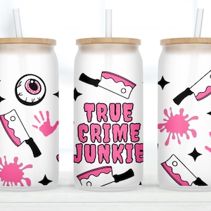 True Crime Junkie Iced Coffee Glass, Beer Can Glass, True Crime Junkie Cup, True Crime 16oz Frosted Beer Glass with Bamboo Lid and Straw