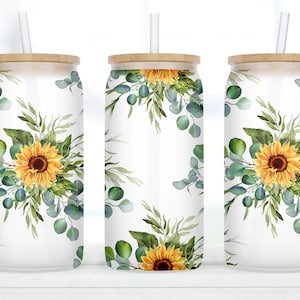 16 oz Frosted Glass Can with Bamboo Lid, Valentines Gift, Clear Straw with Floral Print, Sunflower Coffee Glass Can, Frosted Glass Tumbler