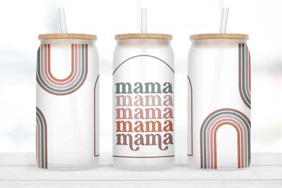 MAMA BEAR sublimated iced coffee design in frosted Glass cup