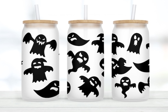 Halloween Ghost Ice Coffee Tumbler, Spooky Season Frosted Glass Tumbler,  Fall Glass Can, Bats Halloween Mug, Glass Cups Bamboo Lid and Straw 