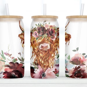 Highland Cow Glass Cup, Highland Cow Gift, Highland Cow Glass Tumbler, Highland Cow Clear Cup With Bamboo Lid and Straw, Gift for Her