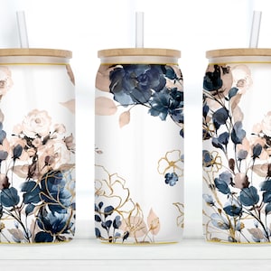 Floral Frosted Glass Tumbler, Girls Trip Gift, Women's 50th Birthday Gift, Glass Lid and Straw, Iced Coffee Cup, Women's 30th Birthday Gift