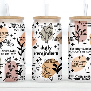 Daily Reminders Motivational Iced Coffee Frosted Cup, Daily Reminders Clear Cup With Lid and Straw, Daily Reminders Glass Can Tumbler