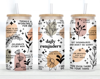Daily Reminders Motivational Iced Coffee Frosted Cup, Daily Reminders Clear Cup With Lid and Straw, Daily Reminders Glass Can Tumbler