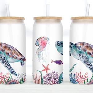 Cute Sea Turtle Tumbler, Sea Turtle Frosted Glass Cup, Turtle Lover Mug, Ocean Tumbler, Turtle Gifts For Her, Beer Glass Can