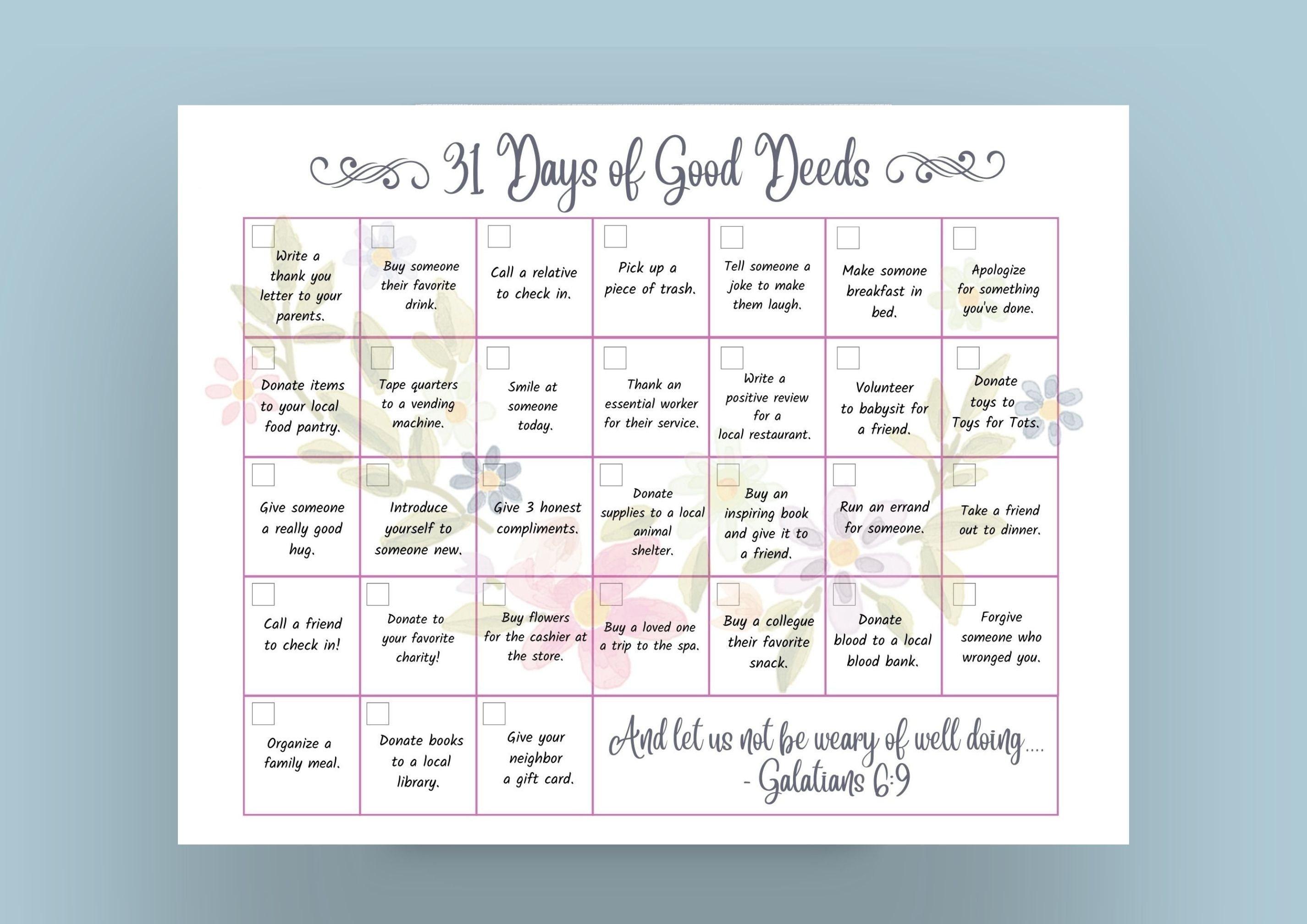 31 Days of Good Deeds Challenge Printable Digital Calendar - Etsy