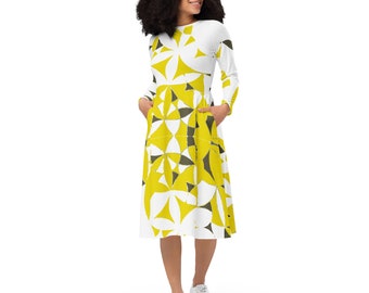 Crisp Impact Reflections All-over print long sleeve midi dress