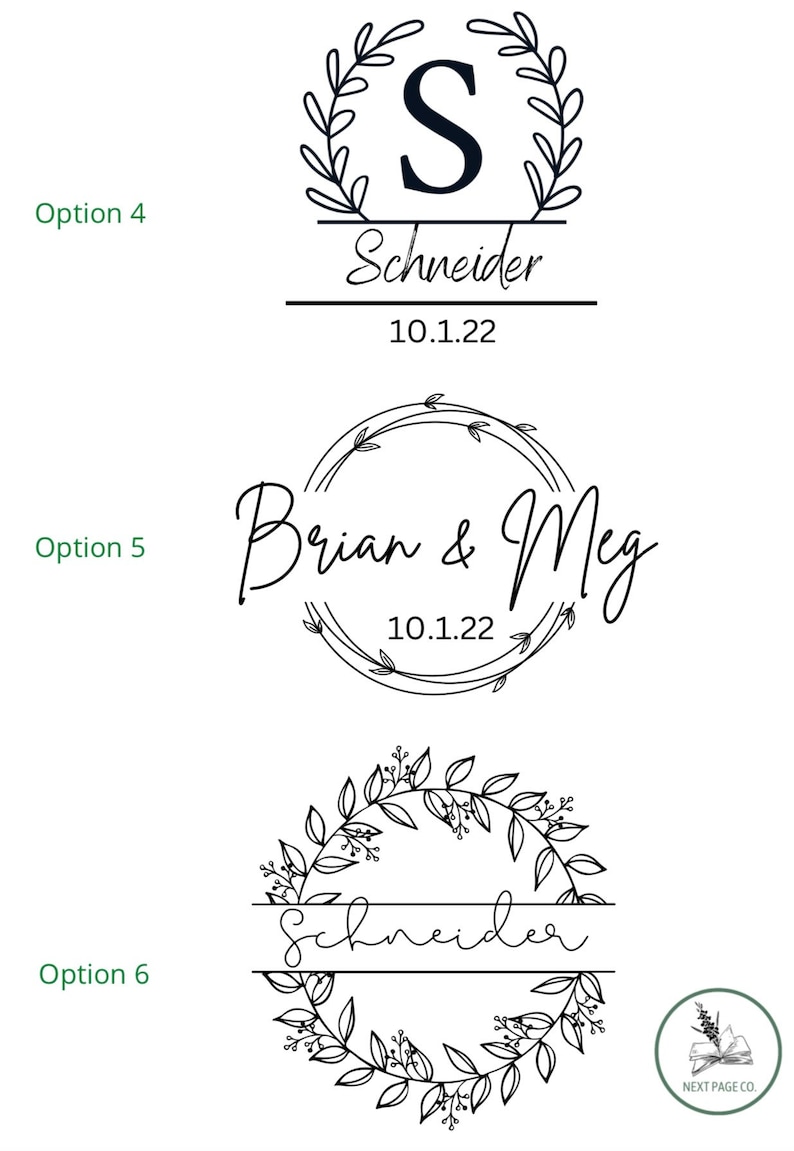 Puede incluir: Tres dise&ntilde;os diferentes de monogramas de boda con una corona de hojas y el texto "Schneider" y "Brian & Meg" con la fecha "10.1.22" debajo.