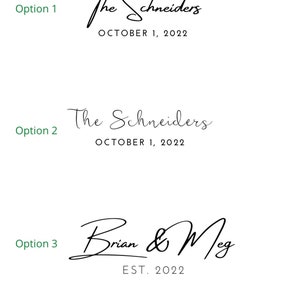 Puede incluir: Tres opciones diferentes para un logotipo de boda o aniversario. Las dos primeras opciones presentan el texto "The Schneiders" con la fecha "October 1, 2022". La tercera opci&oacute;n presenta el texto "Brian & Meg" con la fecha "EST. 2022".