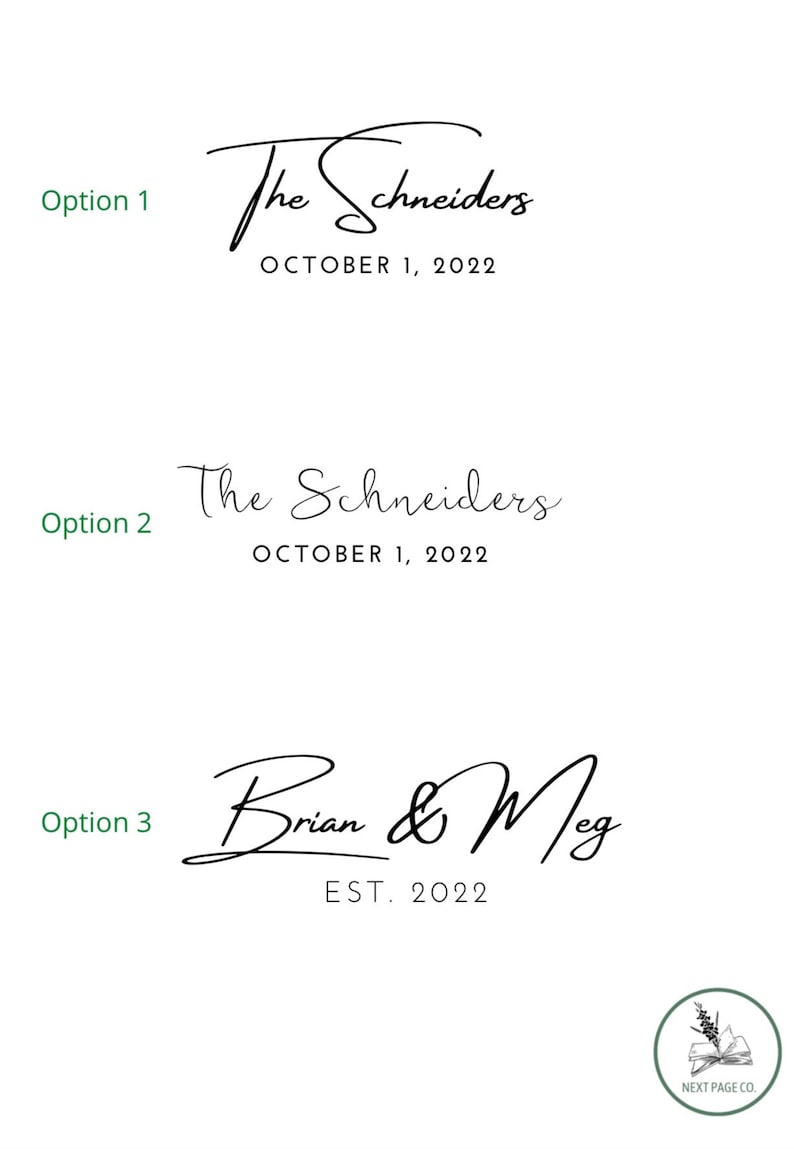 Puede incluir: Tres opciones diferentes para un logotipo de boda o aniversario. Las dos primeras opciones presentan el texto "The Schneiders" con la fecha "October 1, 2022". La tercera opci&oacute;n presenta el texto "Brian & Meg" con la fecha "EST. 2022".