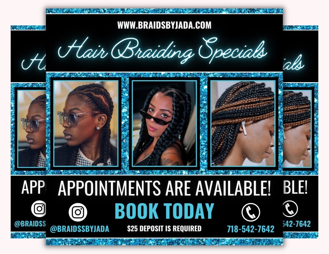 Blue Sparkle Hair Braider Flyer Template, Editable Braiding Specials