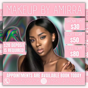 Pink & Holographic Makeup Artist Flyer Template, MUA Social Media Post
