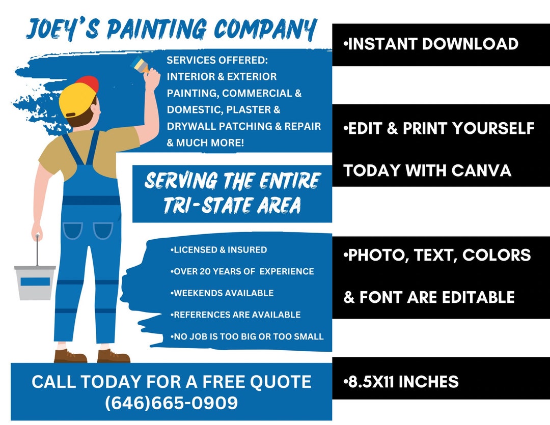 Blue Painting Company Flyer Template Editable Painters Promo Etsy