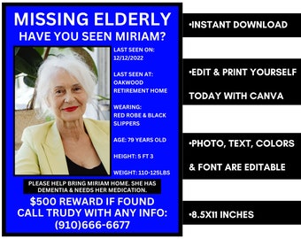 Blue Missing Elderly Flyer Template, Editable Missing Person Poster