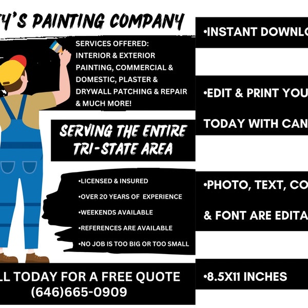 Black Painting Company Flyer Template, Editable Painter Promo Poster