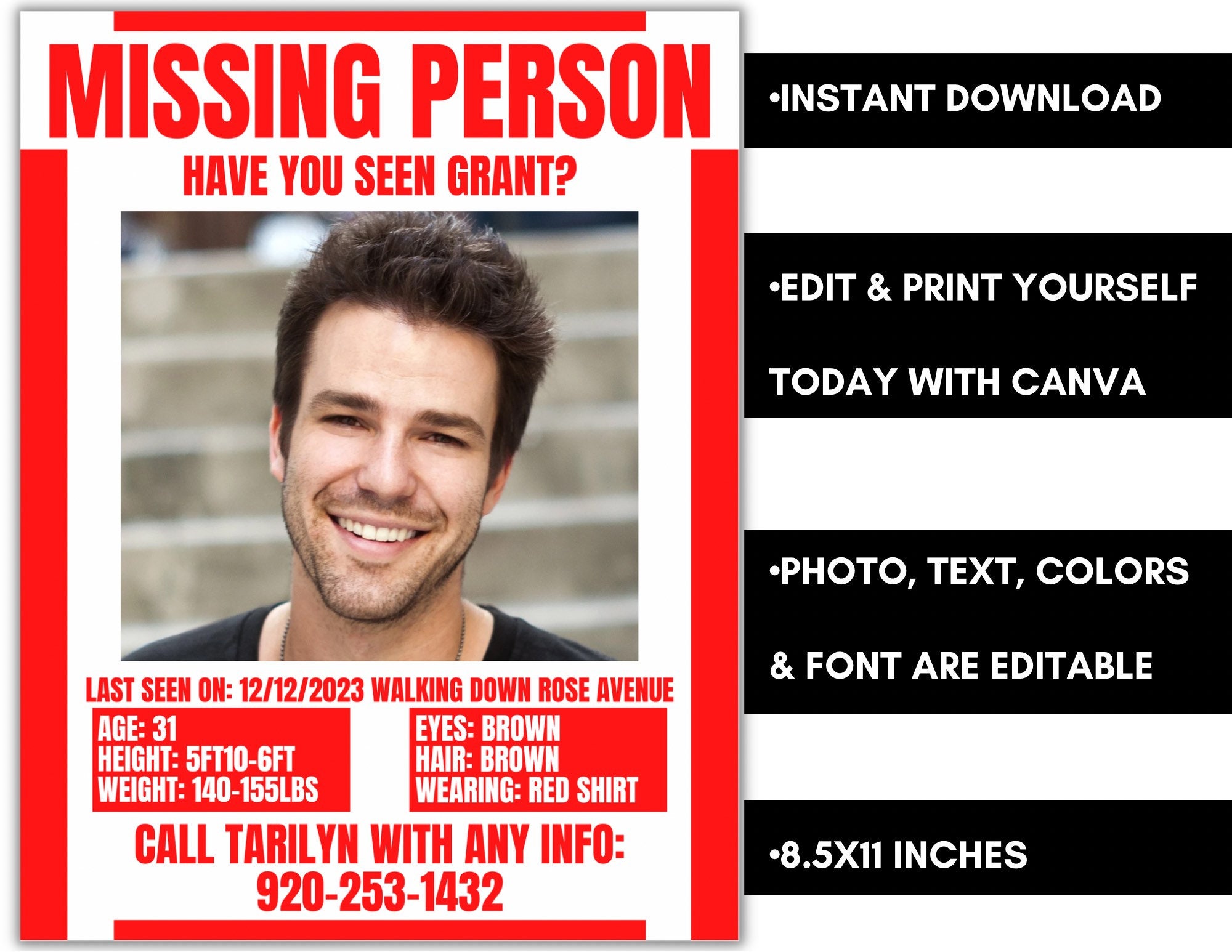 Red White Missing Person Flyer Template Etsy