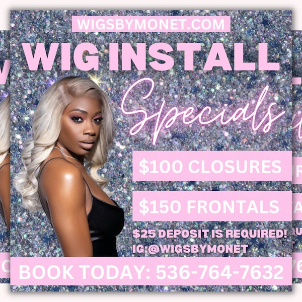 Light Pink Wig Install Flyer Template, Editable Wig Specials Social Media Flyer Post