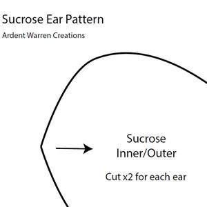 Può includere: Un disegno in bianco e nero di uno schema per un orecchio di zucchero. Lo schema è etichettato "Sucrose Inner/Outer" e "Cut x2 for each ear".