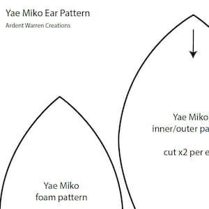 May include: A black and white line drawing of two ear patterns for a Yae Miko cosplay. The text "Yae Miko foam pattern" and "Yae Miko inner/outer pattern cut x2 per ear" is included in the image.