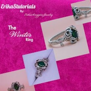 May include: A silver ring with a green gemstone set in a wire-wrapped design. The ring is called "The Winter Ring" and is by Willow Avenue Jewelry.