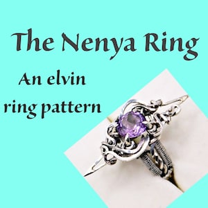 May include: A silver ring with a purple gemstone in the centre. The ring is designed in a Celtic knot pattern. The ring is called "The Nenya Ring" and is described as an elvin ring pattern.
