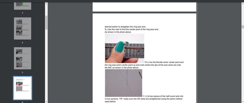Pode incluir: Um close-up de uma r&eacute;gua medindo um peda&ccedil;o de fio. A r&eacute;gua est&aacute; marcada em polegadas e o fio est&aacute; sendo segurado por uma m&atilde;o com esmalte de unha verde. O texto na p&aacute;gina diz "Use a r&eacute;gua para encontrar o ponto central do fio do tamanho do anel. Como mostrado na foto acima."