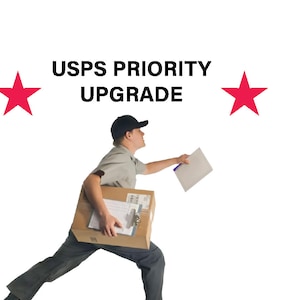 May include: A mail carrier in a grey uniform runs with a package and a white envelope. The text "USPS PRIORITY UPGRADE" is above the carrier. Two red stars are on either side of the text. The text "Reduce Delivery to 1~3 days" is below the carrier.
