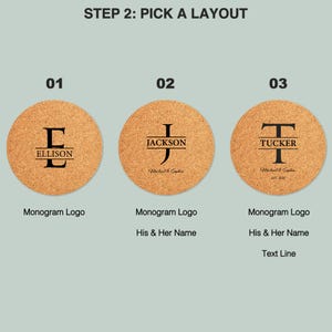 May include: Three cork coasters with different designs. The first coaster has a large letter "E" with the word "ELLISON" underneath. The second coaster has a large letter "J" with the word "JACKSON" above it and the text "Michael & Sophia" underneath. The third coaster has a large letter "T" with the word "TUCKER" above it and the text "Michael & Sophia Est 2020" underneath.