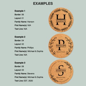 May include: Three examples of personalized cork coasters with different names and text. The coasters feature a wreath design with a large initial in the center. The first coaster says "Hanson" with a large "H". The second coaster says "Phillips" with a large "P" and the text "Michael & Sophia". The third coaster says "Stevens" with a large "S" and the text "Michael & Sophia Est. 2020".