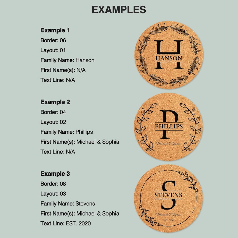 May include: Three examples of personalized cork coasters with different names and text. The coasters feature a wreath design with a large initial in the center. The first coaster says "Hanson" with a large "H". The second coaster says "Phillips" with a large "P" and the text "Michael & Sophia". The third coaster says "Stevens" with a large "S" and the text "Michael & Sophia Est. 2020".