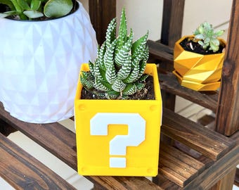 Super Mario Inspired Question Block Succulent Planter Pot with Drain Hole & Saucer - Custom Colors - 3D Printed