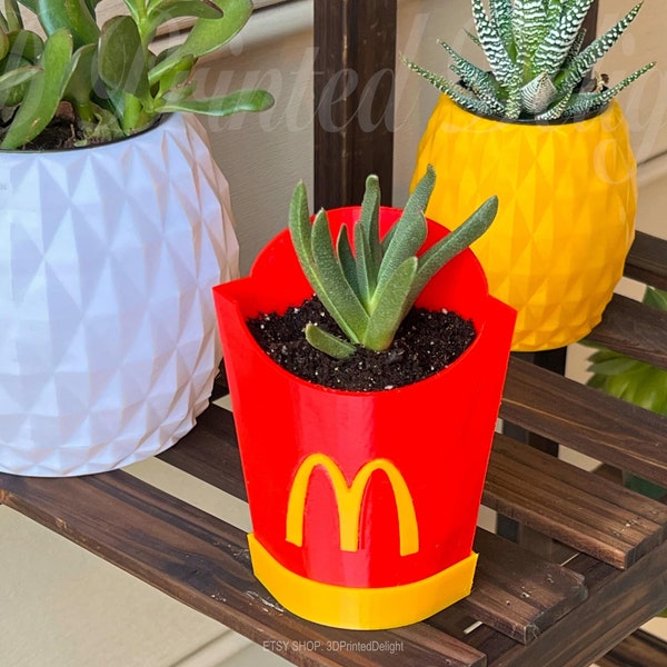 Macetero suculento inspirado en McDonald Fries con orificio de drenaje y platillo - Impreso en 3D