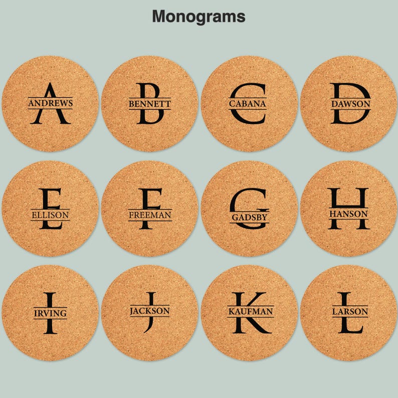 May include: Twelve cork coasters with a monogrammed letter and a name printed on each. The letters are in a black sans-serif font and the names are in a smaller black sans-serif font. The coasters are arranged in three rows of four.