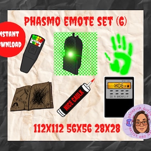 May include: A set of six digital illustrations for the game Phasmophobia. The illustrations include a ghost hunting meter, a spirit box, a ghost handprint, a journal, a caulking gun, and a digital ghost hunting device. The illustrations are in various sizes, with the largest being 112 pixels by 112 pixels and the smallest being 28 pixels by 28 pixels.