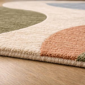 K&ouml;nnte beinhalten: Nahaufnahme eines modernen Teppichs mit wellenf&ouml;rmigem Design. Der Teppich hat Abschnitte in Olivgr&uuml;n, Pfirsich und Creme. Der Teppich besteht aus einem weichen, strukturierten Material und liegt auf einem Holzboden.
