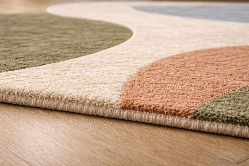 K&ouml;nnte beinhalten: Nahaufnahme eines modernen Teppichs mit wellenf&ouml;rmigem Design. Der Teppich hat Abschnitte in Olivgr&uuml;n, Pfirsich und Creme. Der Teppich besteht aus einem weichen, strukturierten Material und liegt auf einem Holzboden.