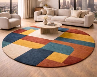 Abstrakter Wollteppich - Geometrischer bunter moderner minimalistischer runder Wohnzimmer-Teppich