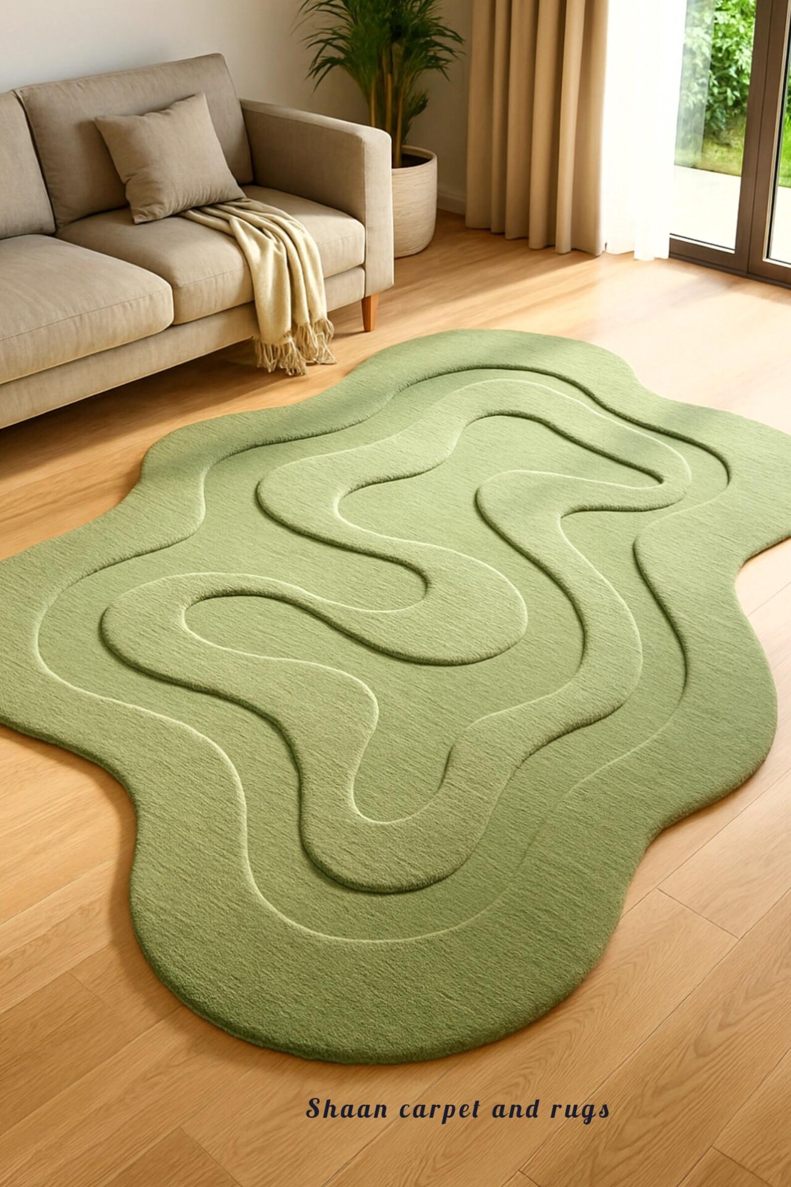 Hand Tufted Wool Rug – Sculpted Sage Green Organic 3D Modern Japandi ...
