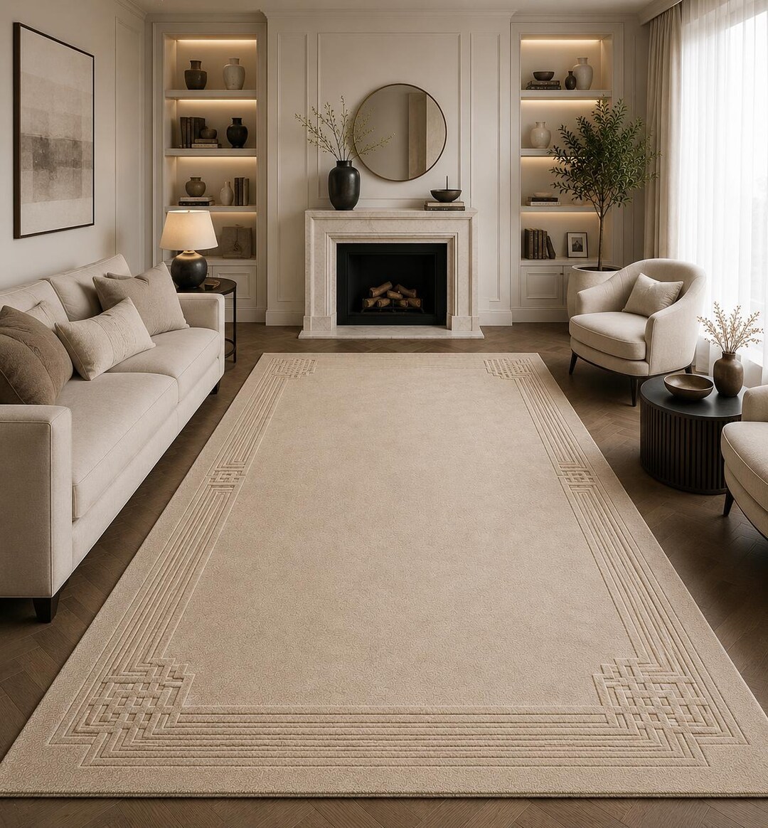 Handtufted Beige Wool Area Rug – Modern Geometric Border Carpet, Custom ...
