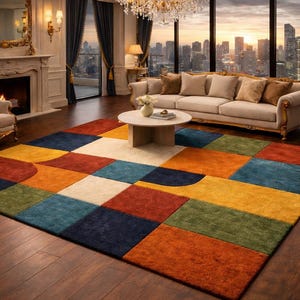 Alfombra geométrica de lana tejida a mano, alfombra de área a cuadros multicolor, decoración abstracta moderna