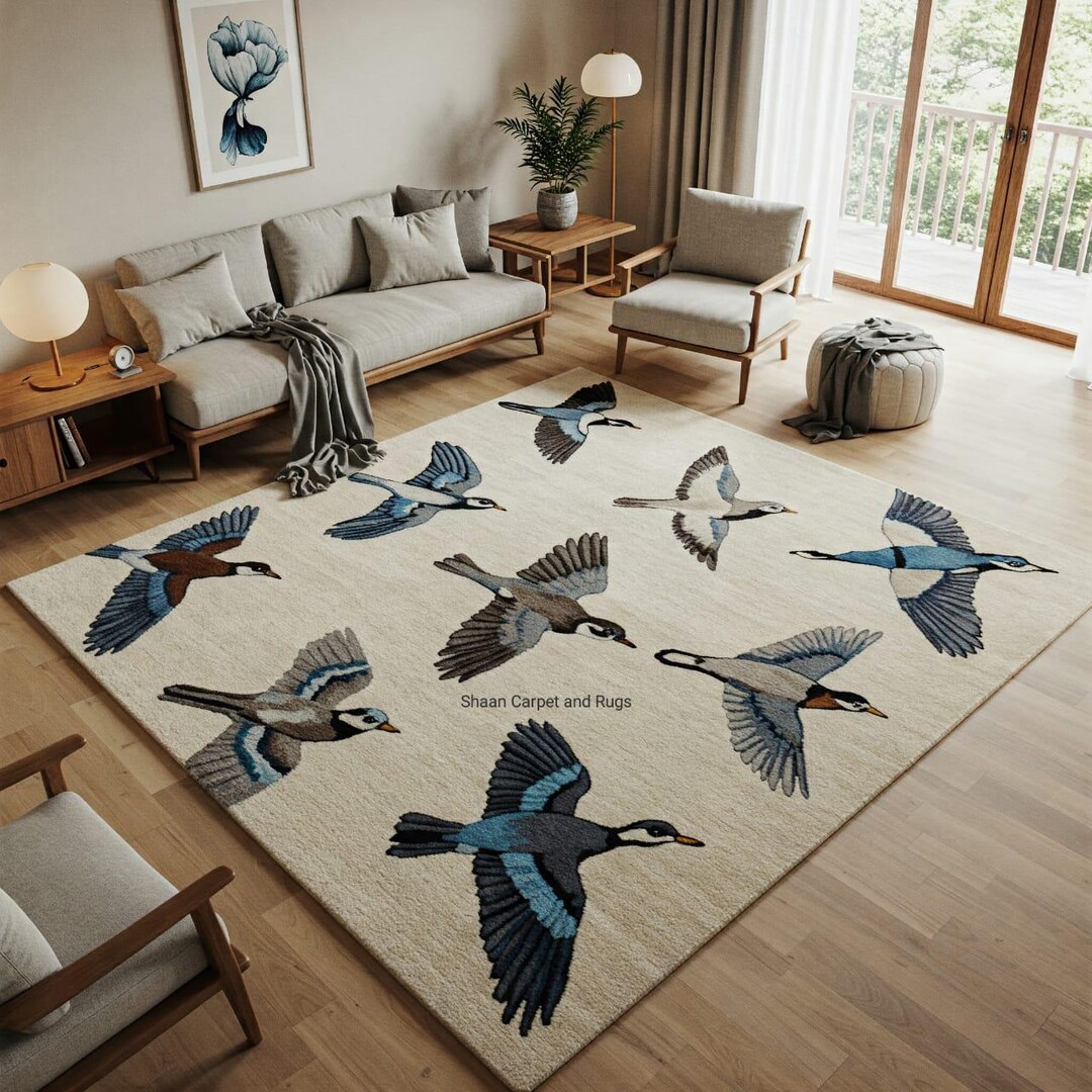 Off-white Dark Blue Flying Bird Design Hand Tufted Rugs, 8x10 Bird ...
