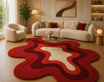 Hand Tufted Wavy Red Rug, Sculptural Irregular Modern Carpet, Living Room Area Rug