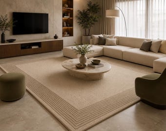 Hand Tufted Beige Area Rug – Modern Minimalist Border Carpet for Living Room, Bedroom, Office
